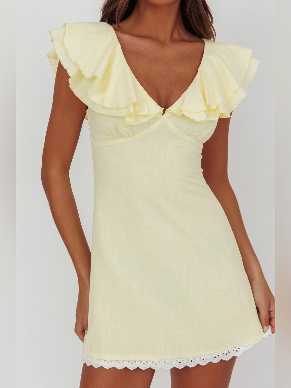 Unpredictable Layered Ruffle Neckline Mini Dress Butter - Picture 2 of 3